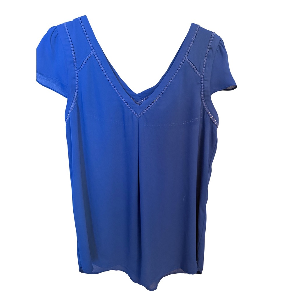 Maeve Anthropologie Blue Blouse Lace Trim V Neck Flowy Top Size 4